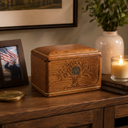 Handcrafted Solid Teak Wood Cremation Urn for Human Ashes – Tree of Life Memorial Urn with Eagle Medallion – Premium Funeral Urn for Adults